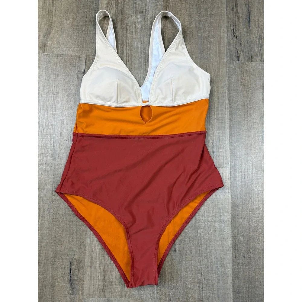 Cupshe Women's Colorblock V-Neck Keyhole One Piece Swimsuit Orange Cream NWOT L